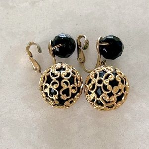 Vintage Vogue Black and Gold Toned Caged Bead Clip On Earrings